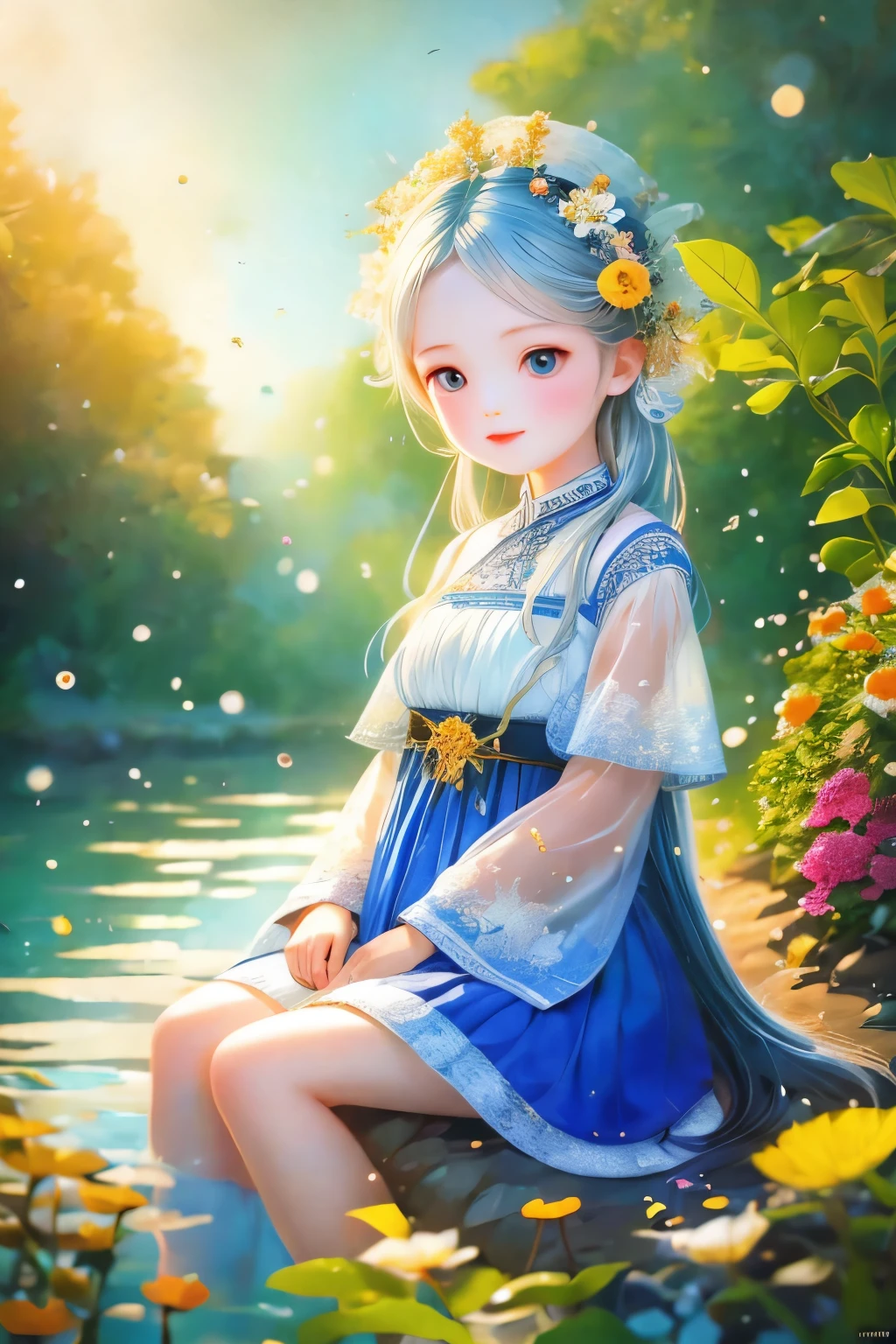 (masterpiece), (best quality), illustration, Super detailed, HDR, Depth of Field, (rich and colorful), ,,This is a masterpiece that exudes exceptional quality. The illustration is ultra-detailed, Using HDR technology to create a sense of depth. The theme is original, Beautifully, 和Beautifully艺术品, Vivid colors，Full of fantasy elements. Girl sitting on the seashore, surrounded by running water, The background is a dark blue world tree, Located in the cemetery. The tranquil and dreamy atmosphere gives the whole scene a soulful and charming temperament. Her pale complexion, Blue eyes sparkling, And silver hair dotted with flowers，It makes for a fascinating portrait. She is wearing ****ta style clothes, Poker face，Mouth tightly shut. Background ranges from white, transparent, Cycle Options, There are also translucent blue butterflies flying around，Adds vitality to the work.