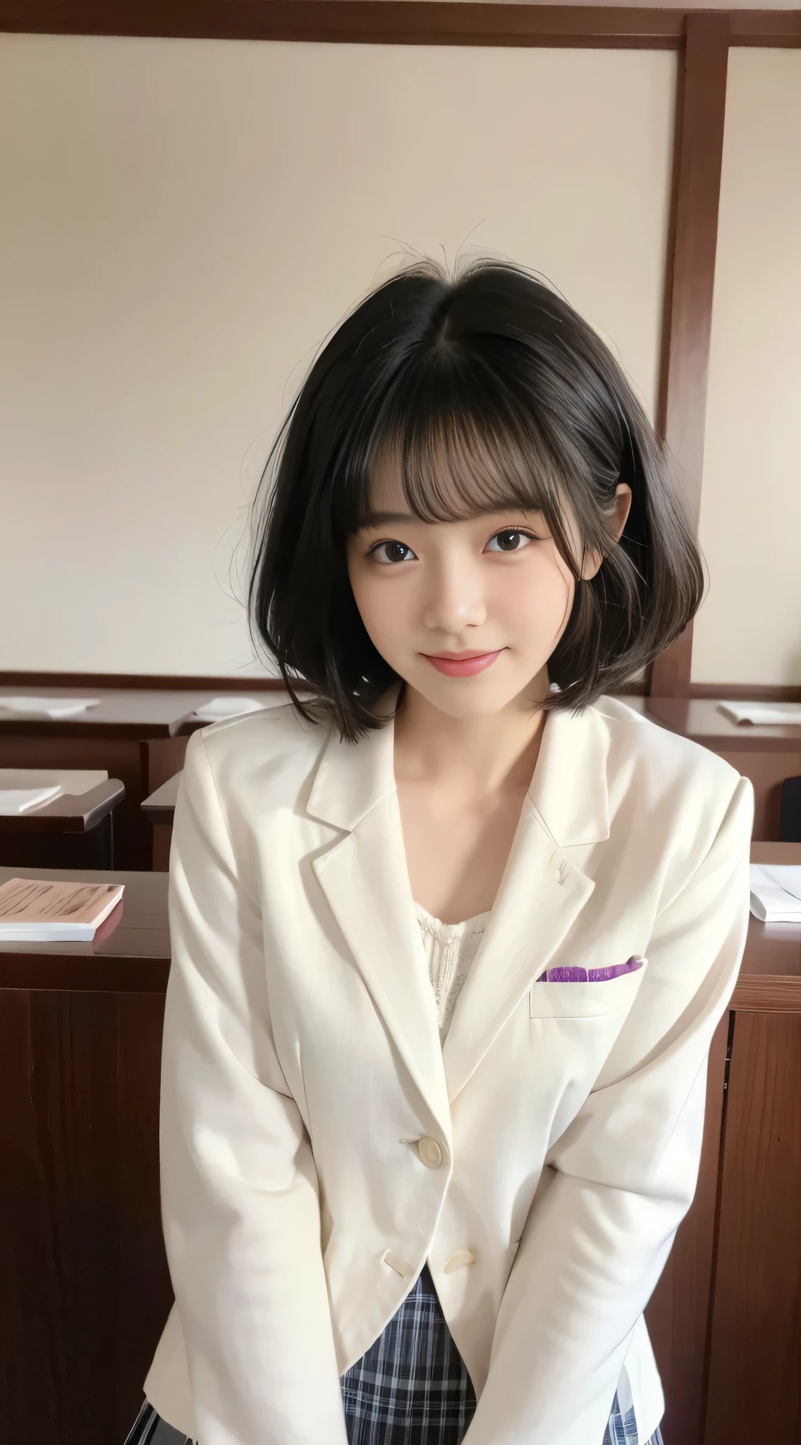 Close-up shot4hair、High resolution、looking at the camera、(Smile 1.6)⦅Black Hair⦆、Curly Hair、、(short hair)、With bangs、1 girl、、Japanese women、beautiful girl、Well-groomed face、cute、White knit blazer uniform、Uniform Mini Skirt、classroom