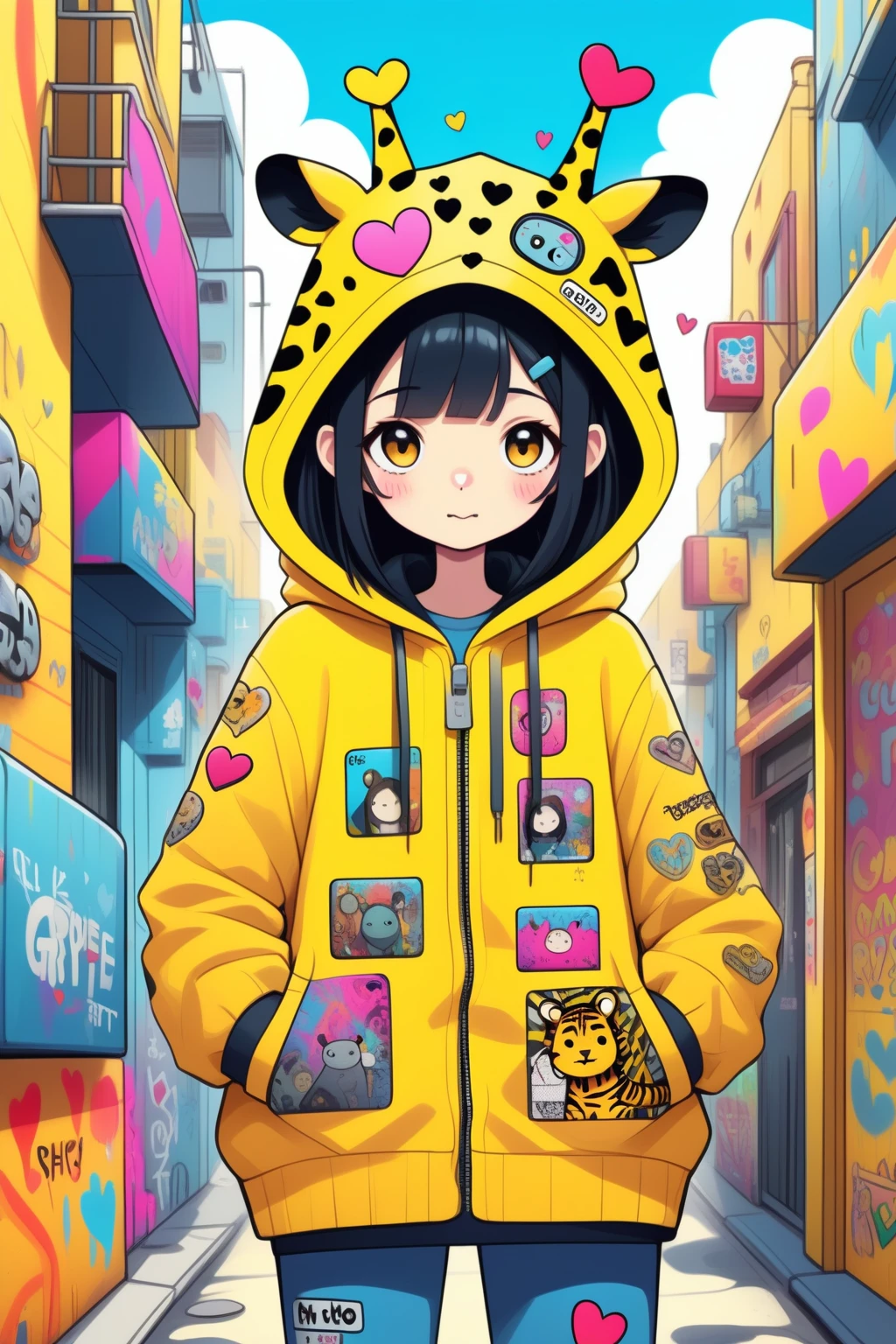 1girl, black hair,
âDesign a colorful full  illustration of a quirky individual in a giraffe hood, with a backdrop filled with playful characters and graffiti. The outfit is a bright yellow with tiger patterns and adorned with various patches, pins, and stickers, including hearts and amusing phrases. The surrounding environment should reflect a busy, urban street art vibe, with an assortment of contrasting, vibrant elements.â