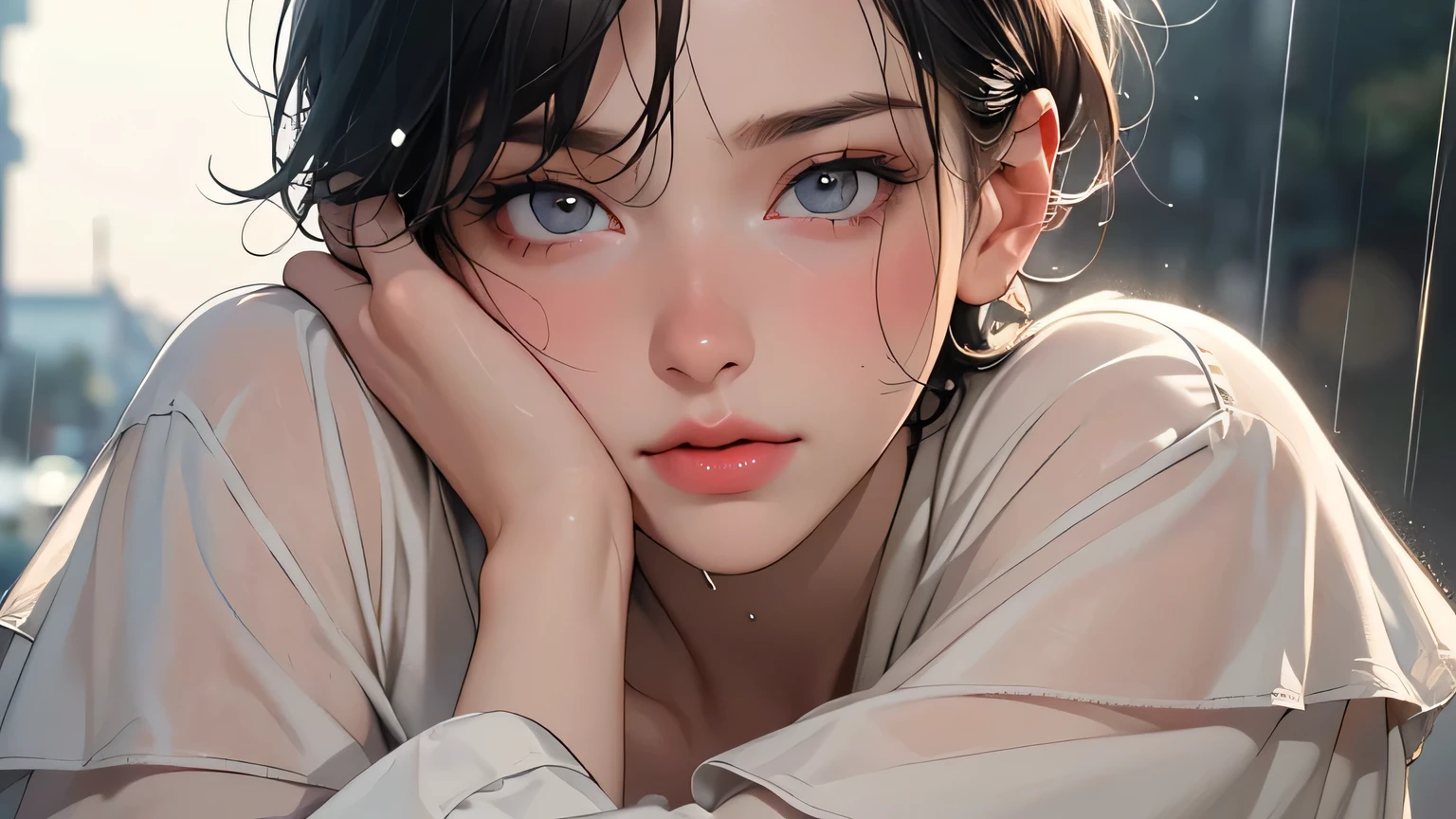 (8k, RAW Photo, Best Quality, Masterpiece), High Resolution RAW Color Photo, Professional Close-up Photo, (Realistic, Photorealism: 1.37), (Best Quality), (Best Shadows), (Best Illustrations) ), Clavicle ((Large)), ((Erotic, Sexy, Ultra HD, High Definition CG Integrated 8K Wallpaper, Physically Based Rendering, Cinematic Lighting), Best Image Quality, Amazing Details, Ultra High Resolution, (Realism: 1.4) , best illustrations, (maximum resolution: 1.2), (ultra high resolution: 1.2), cinema lights, 8K resolution, beautiful eyes and skin, detailed face, perfect style, cute face, accurate, anatomical Correct, Highly detailed face and skin texture, ((Best quality, 8k, Masterpiece: 1.3)), Sharpness: 1.2, Perfect body beauty: 1.4, Slim abs: 1.2, ((Layered hairstyle, Large : 1.2)), (white long shirt: 1.1), (rain, street: 1.2), wet: 1.5, highly detailed face and skin texture, fine eyes, double eyelids, (((short hair)) , boyish, nice, (((neutral)), narrow eyes, bangs, whole body,