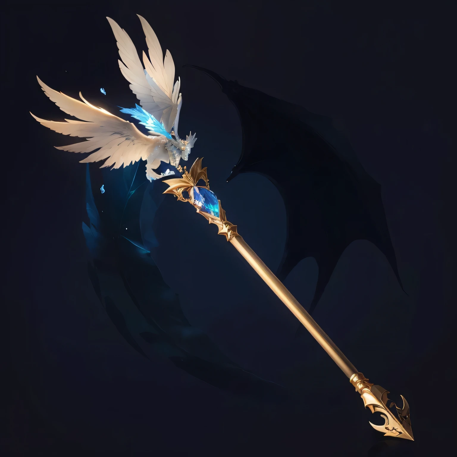 Close-up of a staff with a sapphire and wings,Crystal Gems,Foil stamping pattern,Dragon Staff,Medieval Staff,Gorgeous magic wand,Metal Material,wing,feather,Exquisite,Fluff,Diablo style,HD