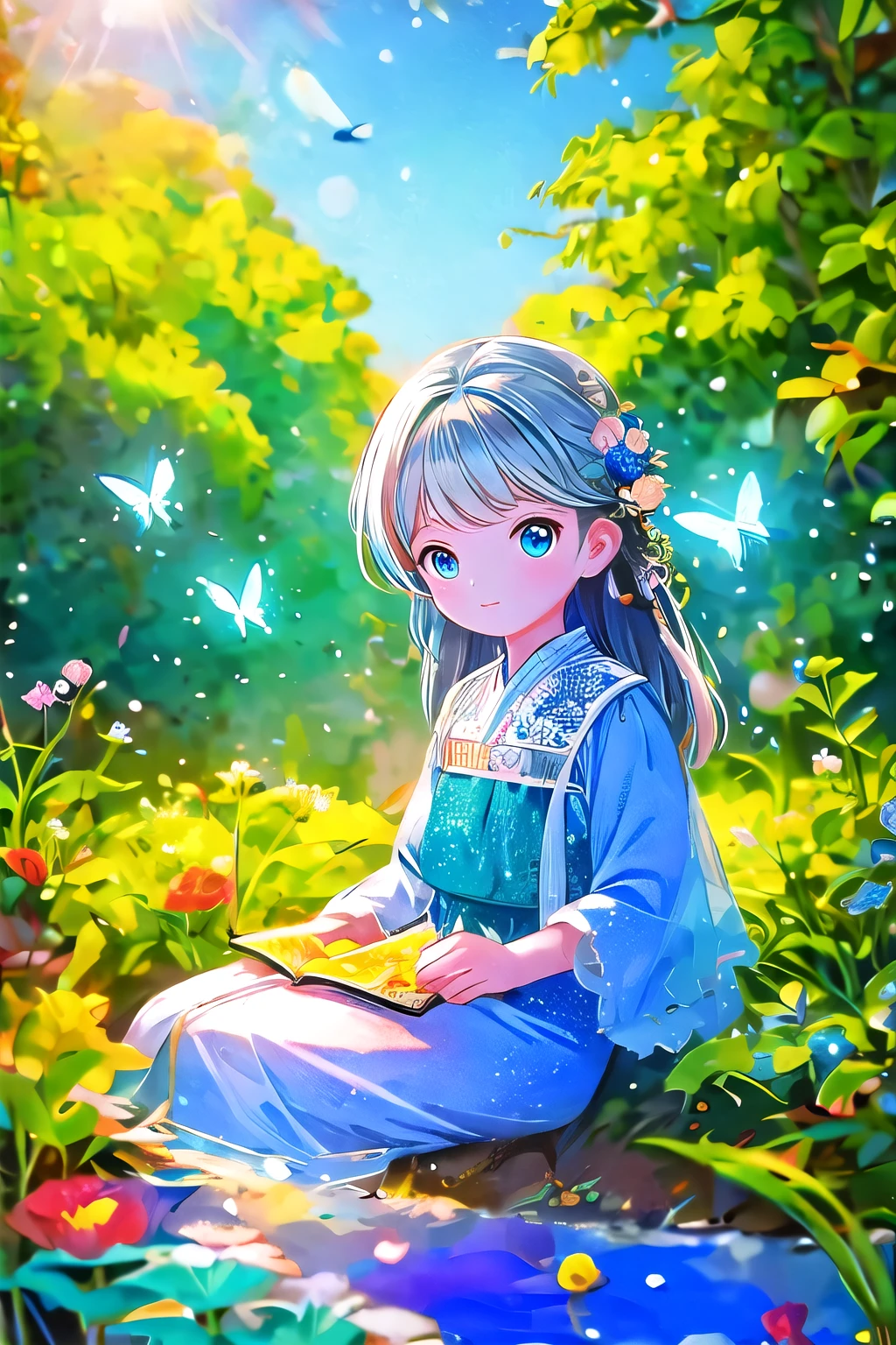 (masterpiece), (best quality), illustration, Super detailed, HDR, Depth of Field, (rich and colorful), ,,This is a masterpiece that exudes exceptional quality. The illustration is ultra-detailed, Using HDR technology to create a sense of depth. The theme is original, Beautifully, 和Beautifully艺术品, Vivid colors，Full of fantasy elements. Girl sitting on the seashore, surrounded by running water, The background is a dark blue world tree, Located in the cemetery. The tranquil and dreamy atmosphere gives the whole scene a soulful and charming temperament. Her pale complexion, Blue eyes sparkling, And silver hair dotted with flowers，It makes for a fascinating portrait. She is wearing ****ta style clothes, Poker face，Mouth tightly shut. Background ranges from white, transparent, Cycle Options, There are also translucent blue butterflies flying around，Adds vitality to the work.