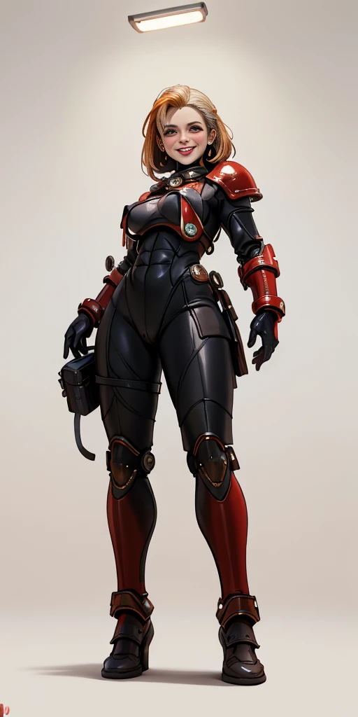 (masterpiece, best quality, 4k, 1girlsolo, 1MILF, mmplatz, smile, red cheeks, plain background:1.2), perfect face, perfect lighting, mature whsororitas with gloves red gauntlets in her hands like Cammy White from Street Fighter, bob white hair, warhammer 40k power armor suit + Gantz black suit armor, red eyes like rubies, full body armor, view from below, looking to the viewer