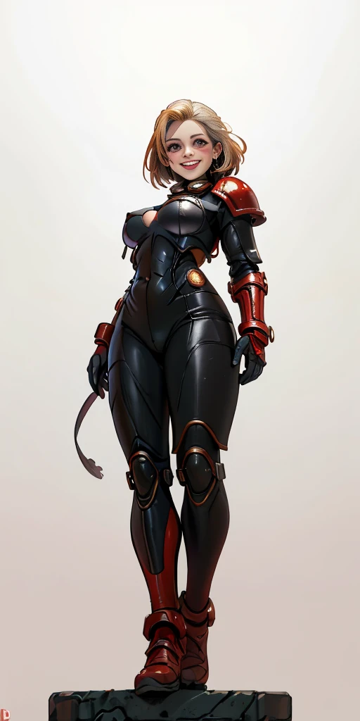 (masterpiece, best quality, 4k, 1girlsolo, 1MILF, mmplatz, smile, red cheeks, plain background:1.2), perfect face, perfect lighting, mature whsororitas with gloves red gauntlets in her hands like Cammy White from Street Fighter, bob white hair, warhammer 40k power armor suit + Gantz black suit armor, red eyes like rubies, full body armor, view from below, looking to the viewer