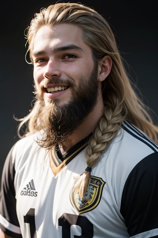 Best soccer midfielder from ecuador. 20 years old. Brutal face. Blonde straight hair . Blonde beard. Full Braided beard. White skin. Smiling. Dramatic light, male, black jersey, masterpiece, best quality. Viking beard, full beard, massive beard, hanging braid beard
