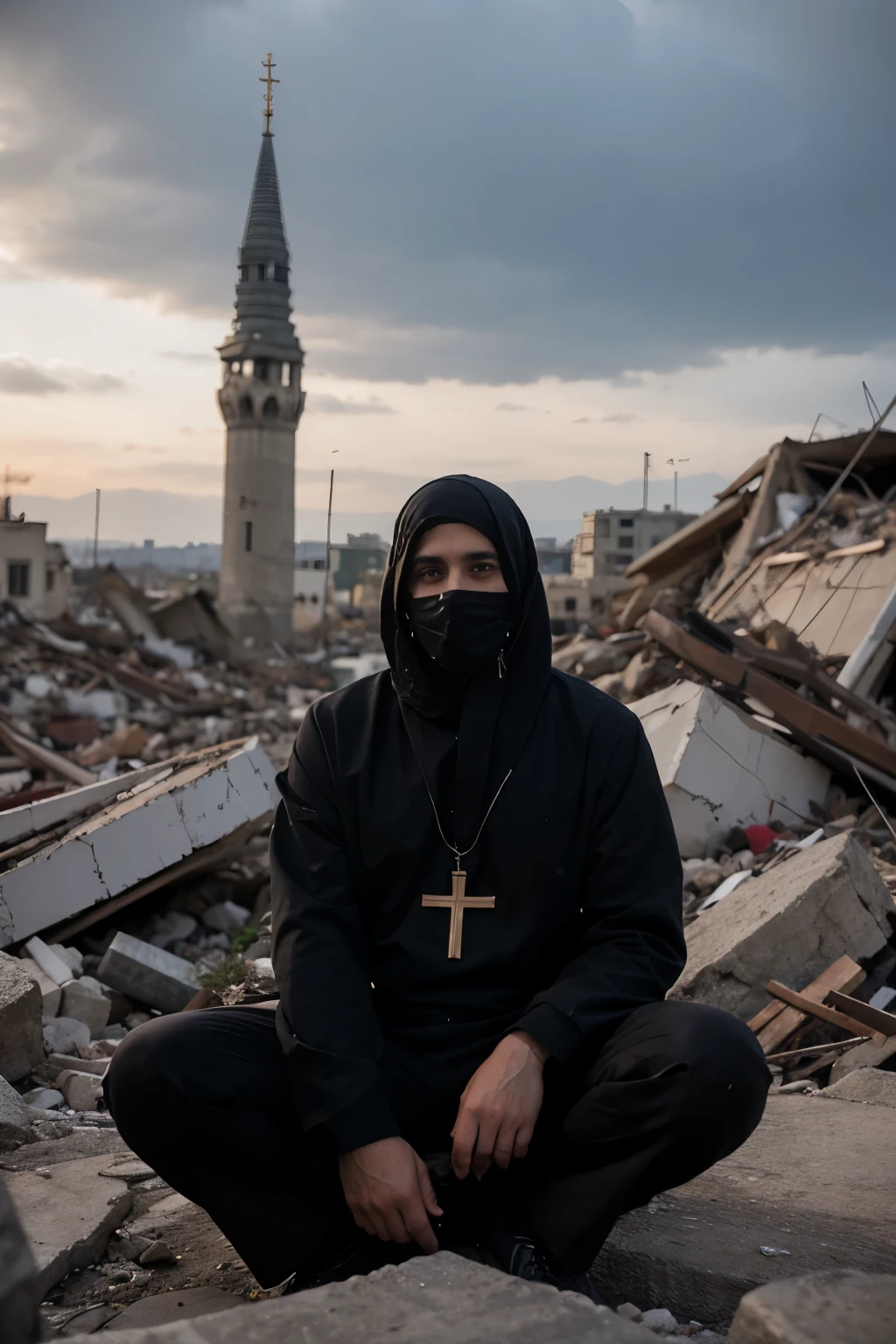  A Christian Arab man dressed in black with a balaclava where on the chest of his clothing he carries a CROSS sitting on top of rubble where in the background you can see a city and an Orthodox church in rubble and the environment that is raining and he is looking at the sky with a look of hope