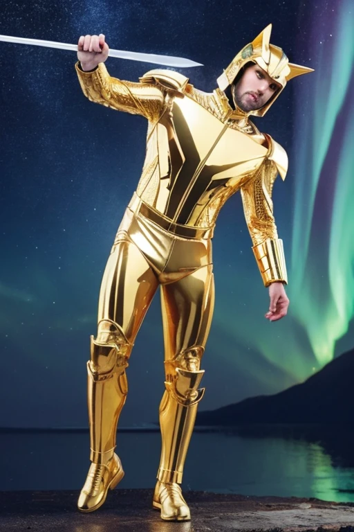 A man wearing full-body golden armor and a golden cyber helmet with an ancient face resembling a wolf is holding a sword in the night of a city lit up by the aurora.