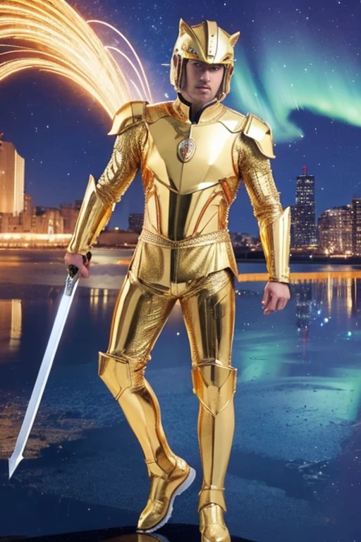 A man wearing full-body golden armor and a golden cyber helmet with an ancient face resembling a wolf is holding a sword in the night of a city lit up by the aurora.