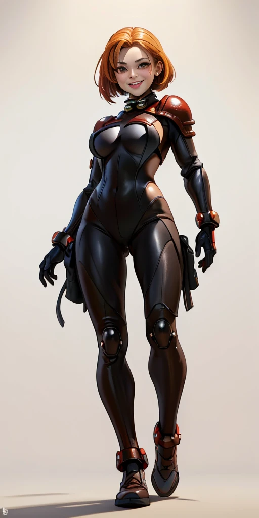 (masterpiece, best quality, 4k, 1girlsolo, 1MILF, mmplatz, smile, red cheeks, plain background:1.2), perfect face, perfect lighting, mature whsororitas with gloves red gauntlets in her hands like Cammy White from Street Fighter, bob white hair, warhammer 40k power armor suit + Gantz black suit armor, red eyes like rubies, full body armor, view from below, looking to the viewer