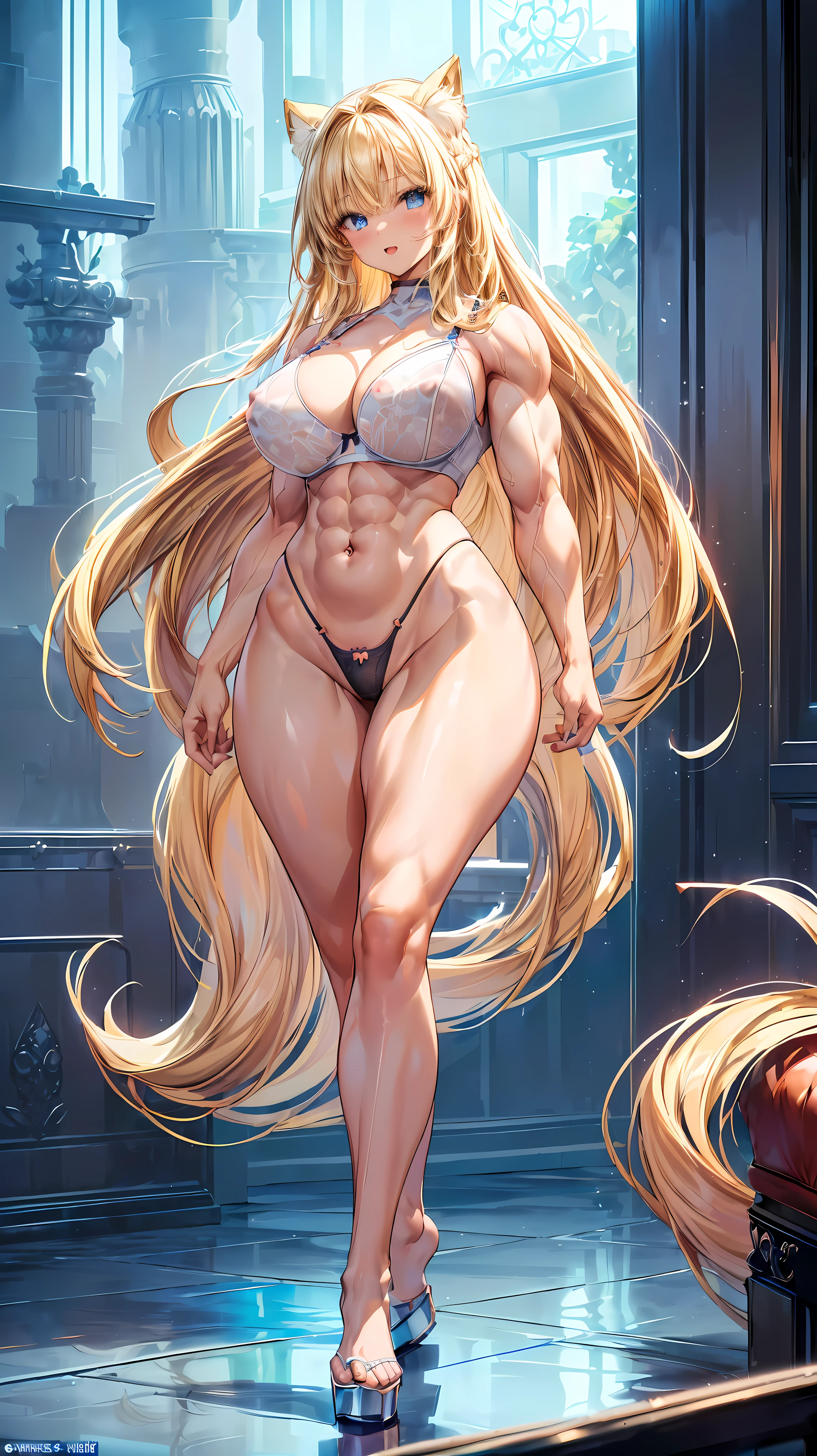 Very detailed、highest quality、Best image quality、masterpiece、8k、Anime Face、A kind smile、(Open your mouth:1.3)、Sparkling blue eyes、(Blonde semi-long hair:1.5)、(Muscles of the whole body:1.3)、(High leg panties:2.0)、Thigh belt、(Upper body photo:1.5)、(SFW Giant)、(Thick body:1.2)、(bra:1.5)