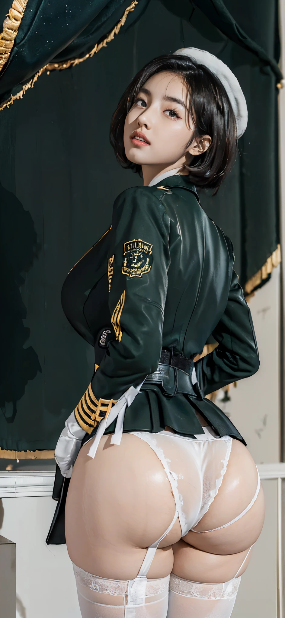 (cinematic lighting, textured skin, award winning, super detail, anatomically correct, UHD, 1080P, HD, 16k),Usually detailed CG Unity 8K wallpaper，（masterpiece），（best qualtiy），（ultra - detailed），（Ultra photo realsisim），（best character detail：1.36），Nikon D750 f / 1.4 55mm，RAW photo，profesional lighting， physically-based renderingt, 1girll, Female soldier，(dark green military uniform，Fabric texture military uniform，(Long-sleeved suit))，(black necktie)，((White garter stockings:1.2),(white panty:1.25))，Bare legged，Plump legs，Black hair，(military hat)，((Large wavy curls,curly hair, hair behind ear, (bob cut)):1.2)，the golden ratio,[:(com rosto detalhado:1.2):0.2]:，PureErosFace_V1，thick bushy eyebrows，broad shoulder,(gigantic breasts:1.35),(gigantic ass:1.55),(Plump thighs:1.45),(stick out buttocks:1.5),(Wide crotch:1.55),(I looked up from below:1.55)，((Hands on the buttocks，sitted，Look from your hips，close-up shot from behind,Close-up Shot Shot))，((A bright smile，confident smile,pout):1.25),((On the snowy mountain，night，Starry Sky):1.35)，((Close-up of panties，Buttocks close up，facial closeups))，Sunset sky，Gentle sunshine，sunshine on face，The light shines on the face，Blue sky，setting sun，light glow，White teeth，(Look at me:1.3)，looking at me，((curvy accentuated booty，azur lane style，lit from behind)),