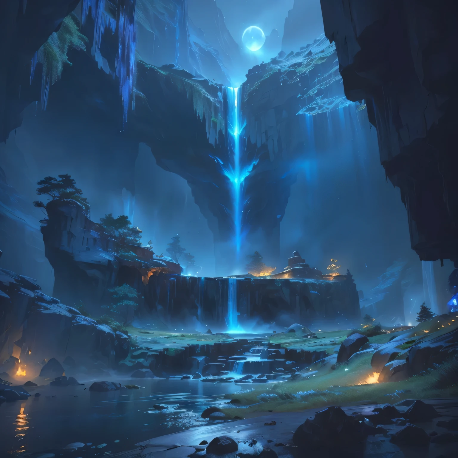 There is a cave，There is a waterfall inside，The waterfall lights up at night, Unreal Engine rendered concept art, Concept art stunning atmosphere, jessica rossier fantasy art, Concept Art 8 K resolution, concept art 8k resolution, Concept Art 8 K, Beautiful concept art, Unreal Engine fantasy art, Andreas Rocha style, Relaxation concept art, 4k resolution concept art