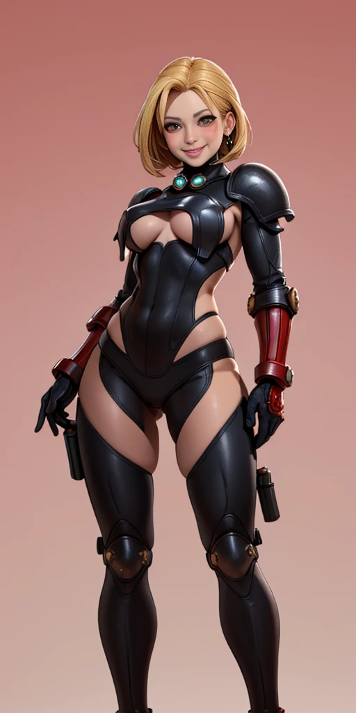 (masterpiece, best quality, 4k, 1girlsolo, 1MILF, mmplatz, smile, red cheeks, plain background:1.2), perfect face, perfect lighting, mature whsororitas with gloves red gauntlets in her hands like Cammy White from Street Fighter, bob white hair, warhammer 40k power armor suit + Gantz black suit armor, red eyes like rubies, full body armor, view from below, looking to the viewer