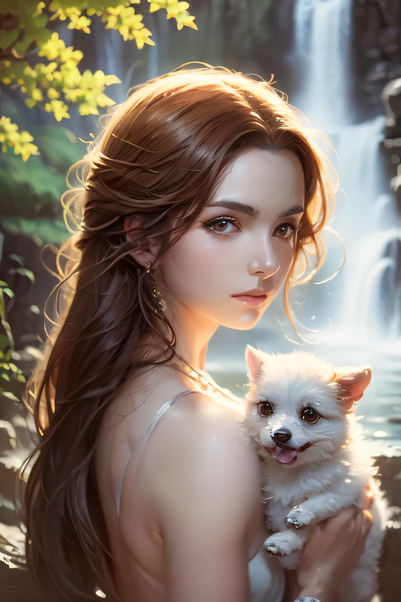 there is a woman holding a dog in front of a waterfall, a detailed painting by Magali Villeneuve, trending on cg society, fantasy art, beautiful fantasy art, very beautiful fantasy art, beautiful fantasy art portrait, beautiful fantasy painting, realistic fantasy painting, Magali Villeneuve and monet, breathtaking fantasy art, graphic artist magali villeneuve, fantasy beautiful