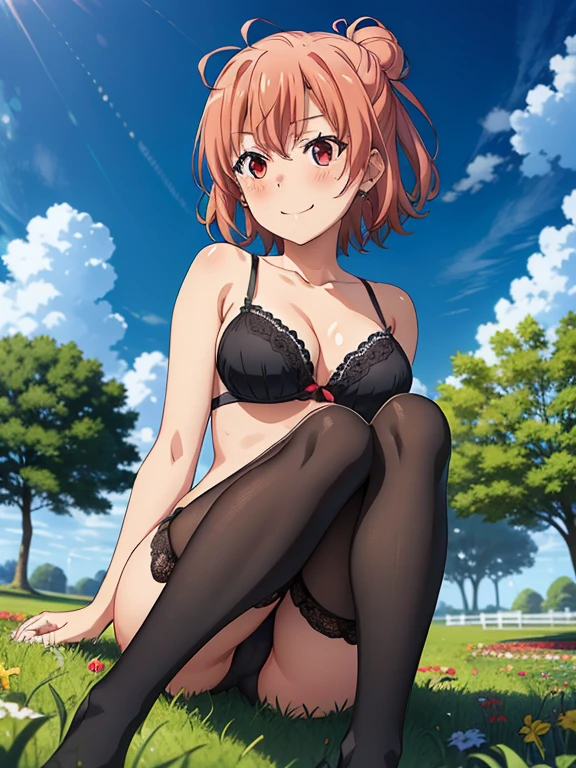 ((masutepiece, Best Quality, hight resolution, nffsw, Perfect Pixel, depth of fields, 4K, )), 1girl in, Solo, , Beautiful anime girl, Beautiful Art Style,
very low view angle:1.3, view from below:1.5, sky from below:1.5, garden background, lying on grass:1.5,
Perfect body, seductive smile, show feet:1.5, show close feet:1.5,
Yuigahama Yui, Hair bun, short hair, large breasts, show panties:1.5,
Full face blush, black pantyhose:1.4, black lace lingerie:1.2, red face,
straight-on:1.3, medium shot