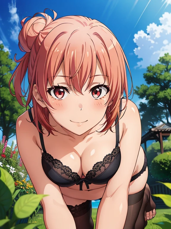 ((masutepiece, Best Quality, hight resolution, nffsw, Perfect Pixel, depth of fields, 4K, )), 1girl in, Solo, , Beautiful anime girl, Beautiful Art Style,
very low view angle:1.3, view from below:1.5, sky from below:1.5, garden background, lying on grass:1.5,
Perfect body, seductive smile, show feet:1.5, show close feet:1.5,
Yuigahama Yui, Hair bun, short hair, large breasts, show panties:1.5,
Full face blush, black pantyhose:1.4, black lace lingerie:1.2, red face,
straight-on:1.3, medium shot