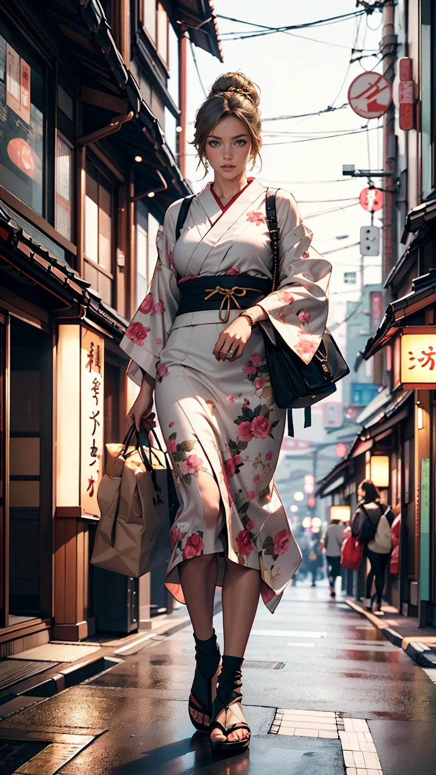 masterpiece, highest quality, 8k, Photographic reality, Realistic, Octane Rendering, Busy streets of Japan (1 female: 1.4), (There&#39;s only one woman on screen: 1.3), (White shirt), (Long golden hair), (Hip wrap skirt), (blue eyes) Upper body display