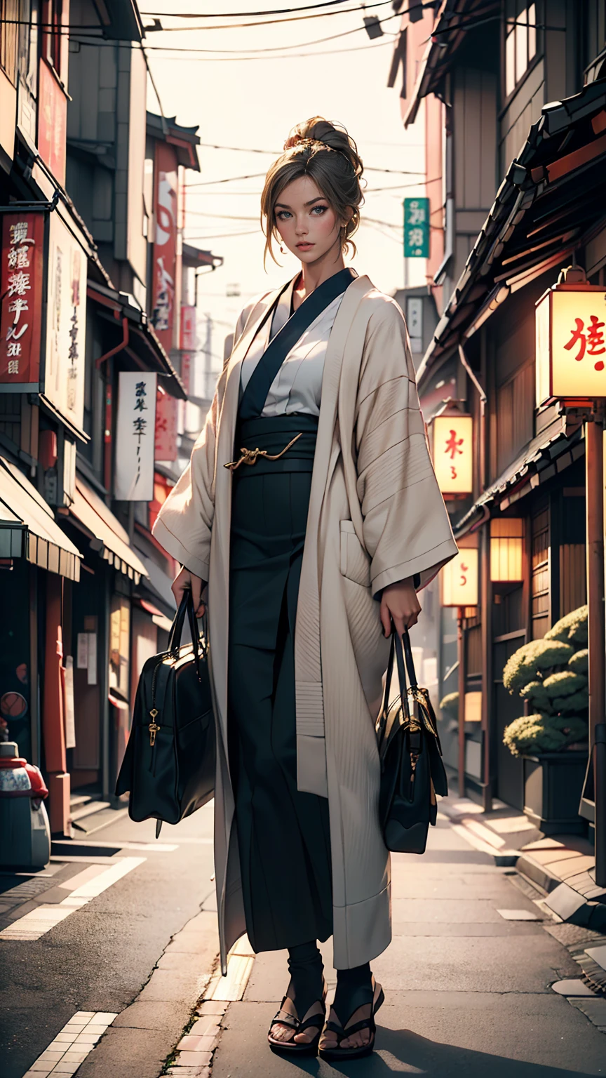 masterpiece, highest quality, 8k, Photographic reality, Realistic, Octane Rendering, Busy streets of Japan (1 female: 1.4), (There's only one woman on screen: 1.3), (White shirt), (Long golden hair), (Hip wrap skirt), (blue eyes) Upper body display