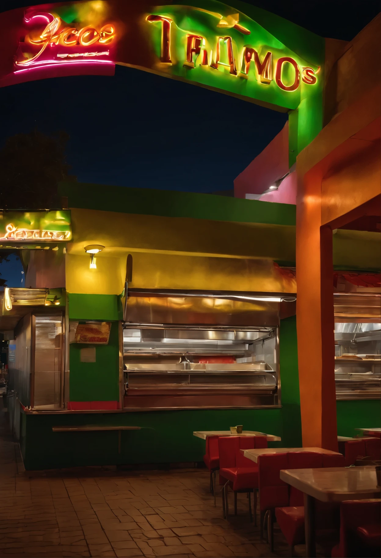 Night scene of a fast food restaurant, tacos de trompo y hamburguesas, en la ciudad de Monterrey, Mexico. 