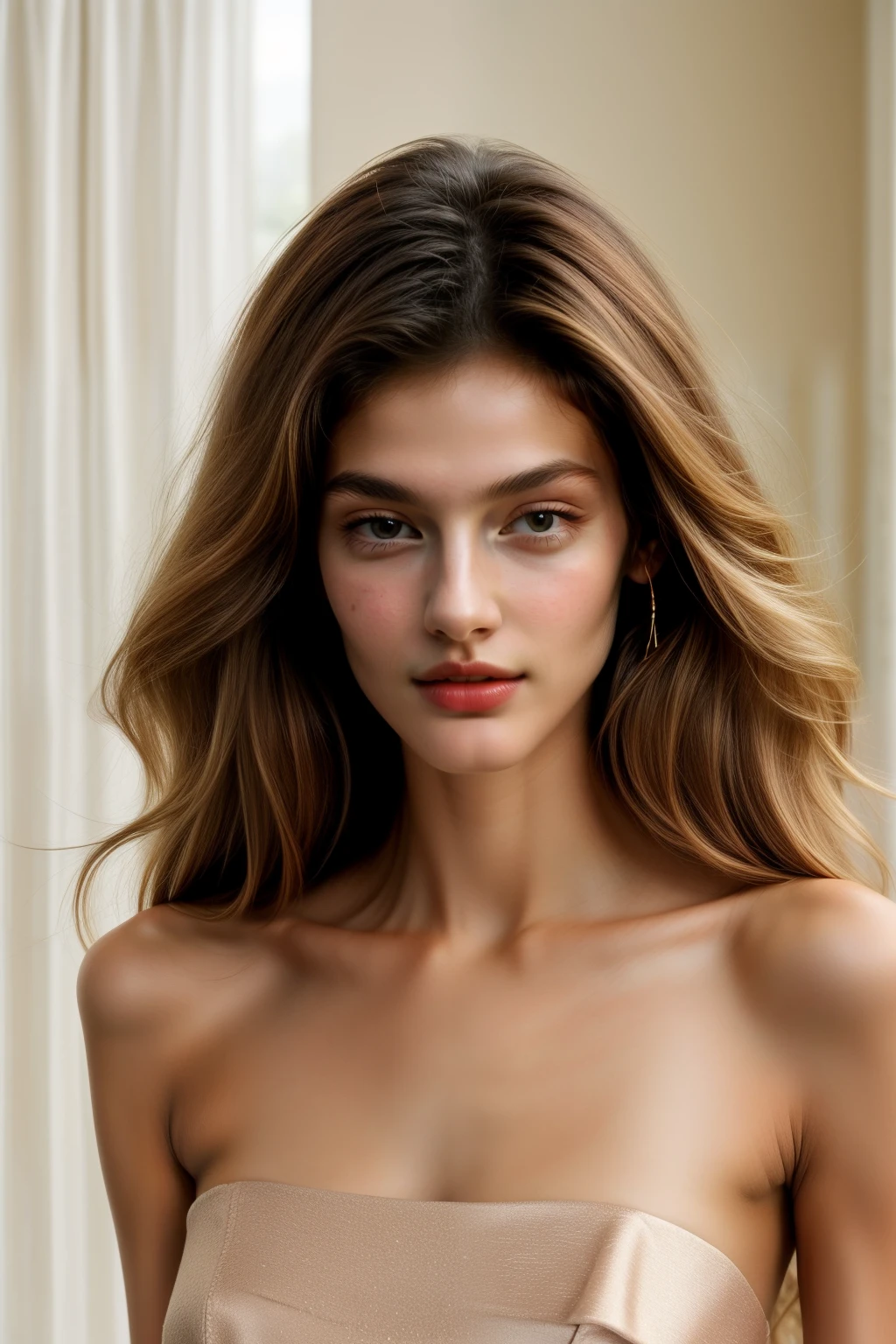 ((best quality)), ((masterpiece)), (detailed), perfect face, Lovely girl 19 years old supermodel, (((very tall))). (((very skinny))), slim, tanned sweaty skin, full body shot, flat cheastwd, long torso, wearing heels, feminine, romantic, long tousled hair blowing in the wind, pretty brown eyes, glossy then lips, shimmering makeup, dazzling beauty, topless, bedroom setting, xxme.me style.