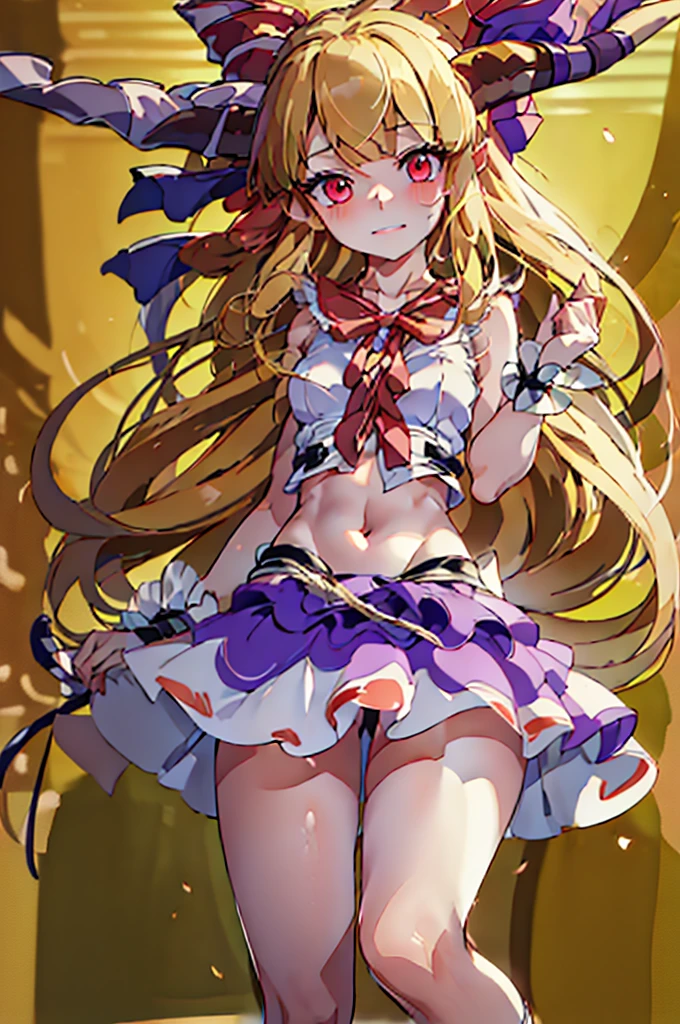 (masterpiece, best quality), best quality, (ultra-detailed), (3heads:1.5), 1girl, (suika ibuki:1.3), masterpiece, (best quality:1.5, highres, UHD), highres, absurdo, ultra detail, ultra quality, Ultra resolution, tattered pale pink top, crop top, ((stomach)), midriff, ((groin)), purple and pink skirt, normal ears, shackles, blonde hair, very long hair, wavy hair, sidelocks, red eyes, detailed eyes, parted lips, sweat, cute, toned belly, hand on own chest, eyelashes, (25 year old woman:1.3), (masterpiece:1.5), (best quality:1.5), (beautiful detailed), extremely detailed CG, extremely delicate and beautiful, depth of field, (finely detailed face), (perfect details:1.2), (mature female:1.3), wide pelvis, slender, large veiny breast, 16k resolution, very high quality, very high definition, extremely detailed, masterpiece, blonde hair, long hair, alluring presence, braid, short skirt, close up, big , young, two long straight oni horns on her head, decorated with ribbons, open belly, nsfw, midriff, (girl with three heads),
