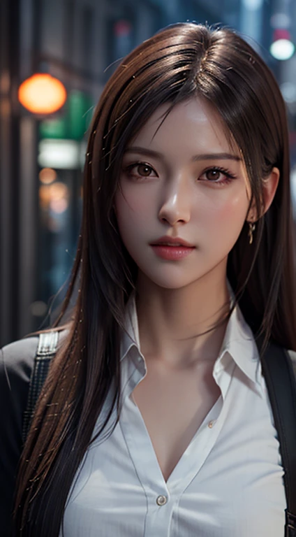 Realistic, Tabletop, highest quality, RAW Photos, One Girl, alone, Long Hair, Brown Hair, Detailed face, Attractive face, Black collared shirt, Medium chest, Dynamic pose, View your viewers, From below, Detailed Background, Fine details, Intricate details, Ray Tracing, Depth of written boundary, Low Key, Hmph
