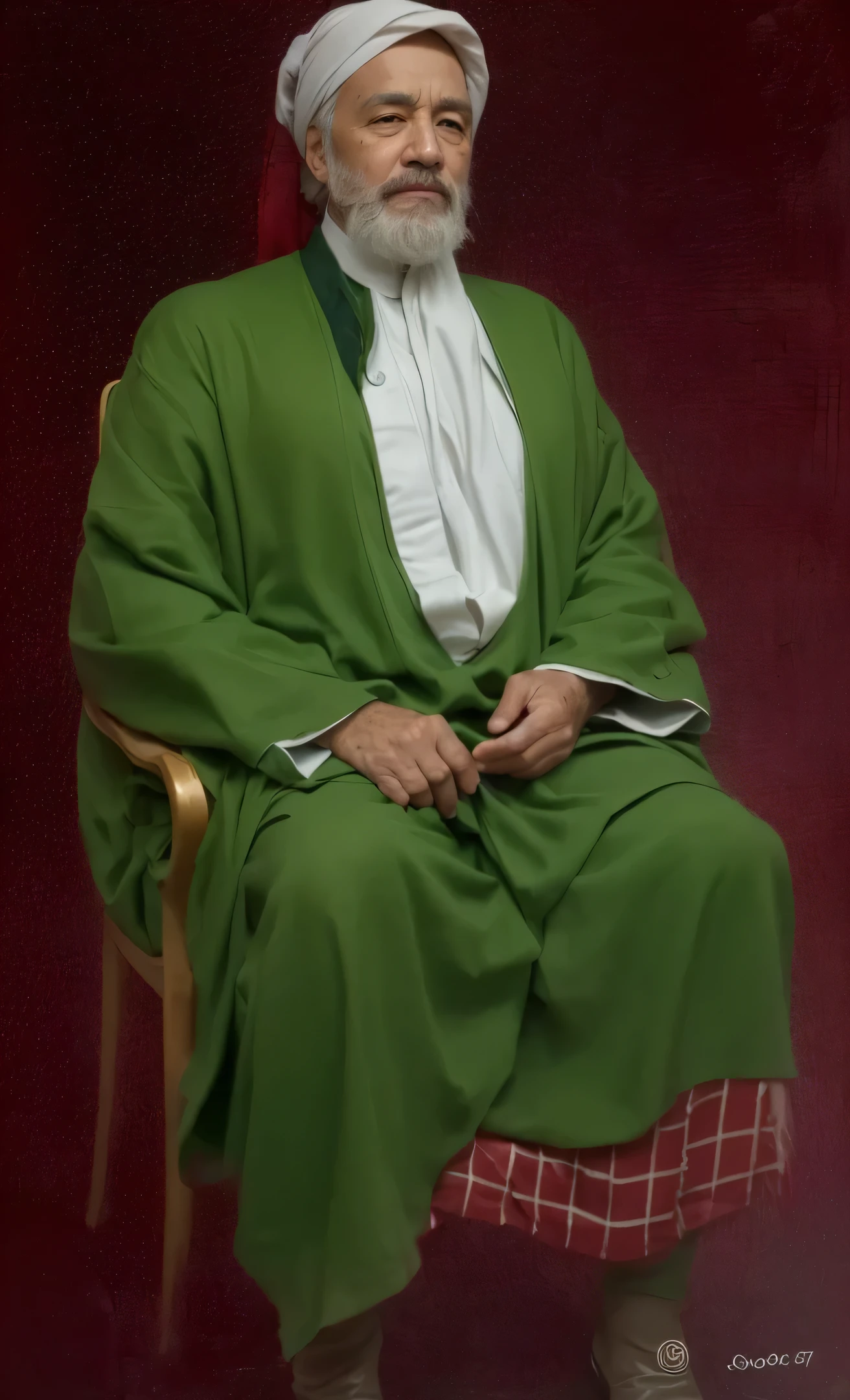 Make this a photo look detailed and realistic, afred man with a white beard and green muslim clothes and red scarf on a head, 7 0 yeqrs old man, colorized potrait, detailed potrait, perfected potrait, realiatic potrait, very detailed potrait