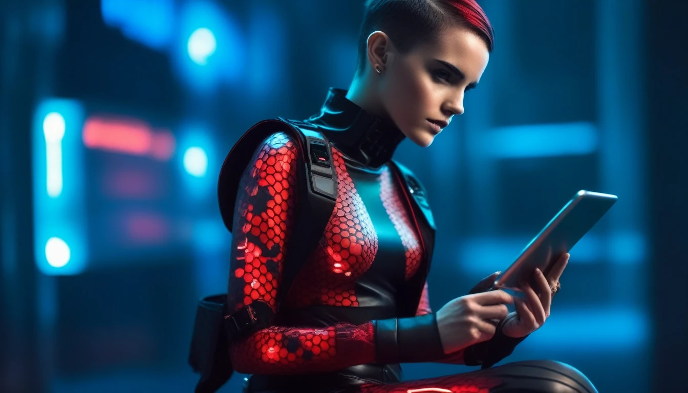 Two young female hackers sitting in a cyberpunk hackerspace with large windows in a cyberpunk metropolis facing the viewer, right arm resting on her waist, left arm held forward holding a transparent smart tablet, short silverwhite undercut haircut, immaculate skin, thoughtful look on her face, sweat on her skin, full lips, small breasts, legs crossed, fullbody black and red skintight cyberpunk underarmor with intricate hexagon pattern, synthetic utility vest with attached wearable computer, black leather utility belt with multimeter and some probes attached, thigh high black latex boots, cutoff gloves, no makeup, natural fingernails, emma watson, edgFut_clothing, neons, electric circuits