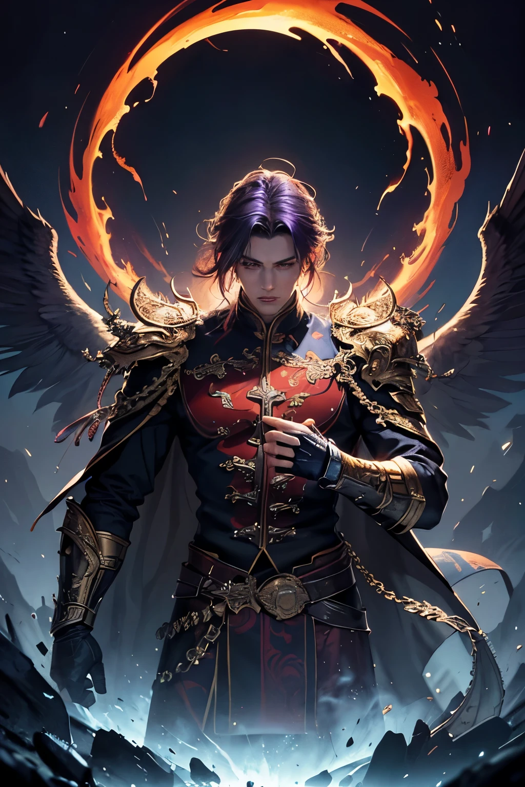 (masterpiece, top quality, best quality, official art, beautiful and aesthetic: 1.2), (1 male), extreme detailed, colorful, highest detailed, official art, unity 8k wallpaper, ultra detailed, beautiful and aesthetic,

A masculine figure with long, flowing purple clothing is depicted in this masterpiece. The background reveals a chaotic battlefield, with flames and smoke filling the air. The man's hair forms a halo around his head, catching the light and creating a striking contrast against the dark, turbulent scene behind him. His strong, defined features are illuminated by the cinematic lighting, giving him an air of mystique and power. With a serious expression on