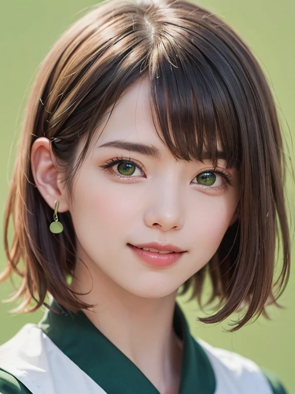 (software:1.8、masterpiece, highest quality),1 girl, alone, have, Realistic, Realistic, Looking at the audience, Looking at the camera、Light brown eyes, 非常に詳細な光沢のある髪のブルネットのショートBob Hair, short hair:1.8、Bob Hair、Beautiful symmetrical face、Spring Clothes:1.6, Whity, lips, bangs, Outdoor, Mouth closed, Upper Body、Big eyes、eyelash、((Very simple green background:1.8))、(((bangsのあるshort hair、Big eyes、Small breasts、Looking at the audience、Beautiful beauty、Show me your ears、smile、please close your mouth and smile)))、Ideal body type、((({Huge|big|Hugeな|Mega} Chest 2, Sailor suit、shut up.とても幸せなsmile、shut up.、Beautiful Teeth、elevation、Dutch Angle Shot)))