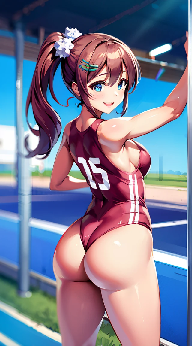 Tabletop, highest quality, One Girl, View your viewers, bangs, blue eyes, hair ornaments, Big Full Breasted, Track and field uniforms,  Put your arms behind your back+++++++ 　　stand+++　　　　　　　　A cheerful smile, Big Ass　　Rear View