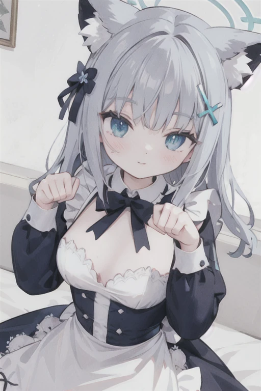 shiroko_bluearchive,beast ears,looking at viewer, little smile,pure white maid dress, maid, slim, dizzy, big-chest, wide hips, perfect waist, day atmosphere, hair ornament,paw pose