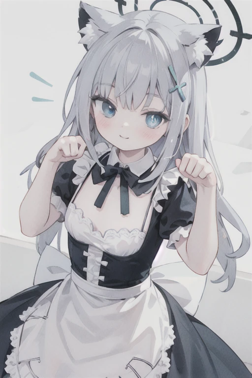 shiroko_bluearchive,beast ears,looking at viewer, little smile,pure white maid dress, maid, slim, dizzy, big-chest, wide hips, perfect waist, day atmosphere, hair ornament,paw pose