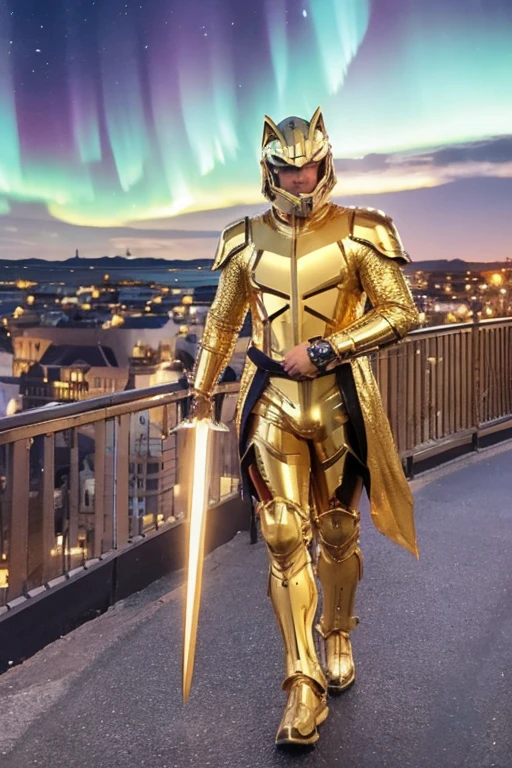 A man wearing full-body golden armor and a full-face golden cyber helmet in the shape of a wolf is holding a sword in the middle of a city at night, illuminated by the aurora.