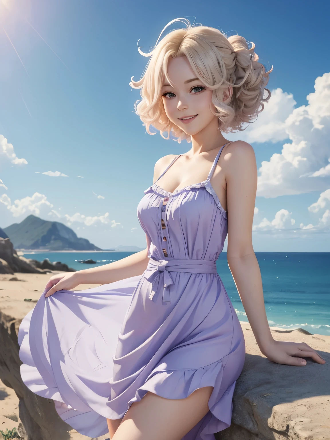 Highest quality, masterpiece, , ,short, Huge breasts, Gray Hair,Low twin tails, Purple eyes, Yukinecris, Thin twin tails,, Beach, Ocean, White Dress, White Skirt, White dress, Straw hat, (((shy))), (Happy), Leaning forward, summer, From above, Reaching out, smile,