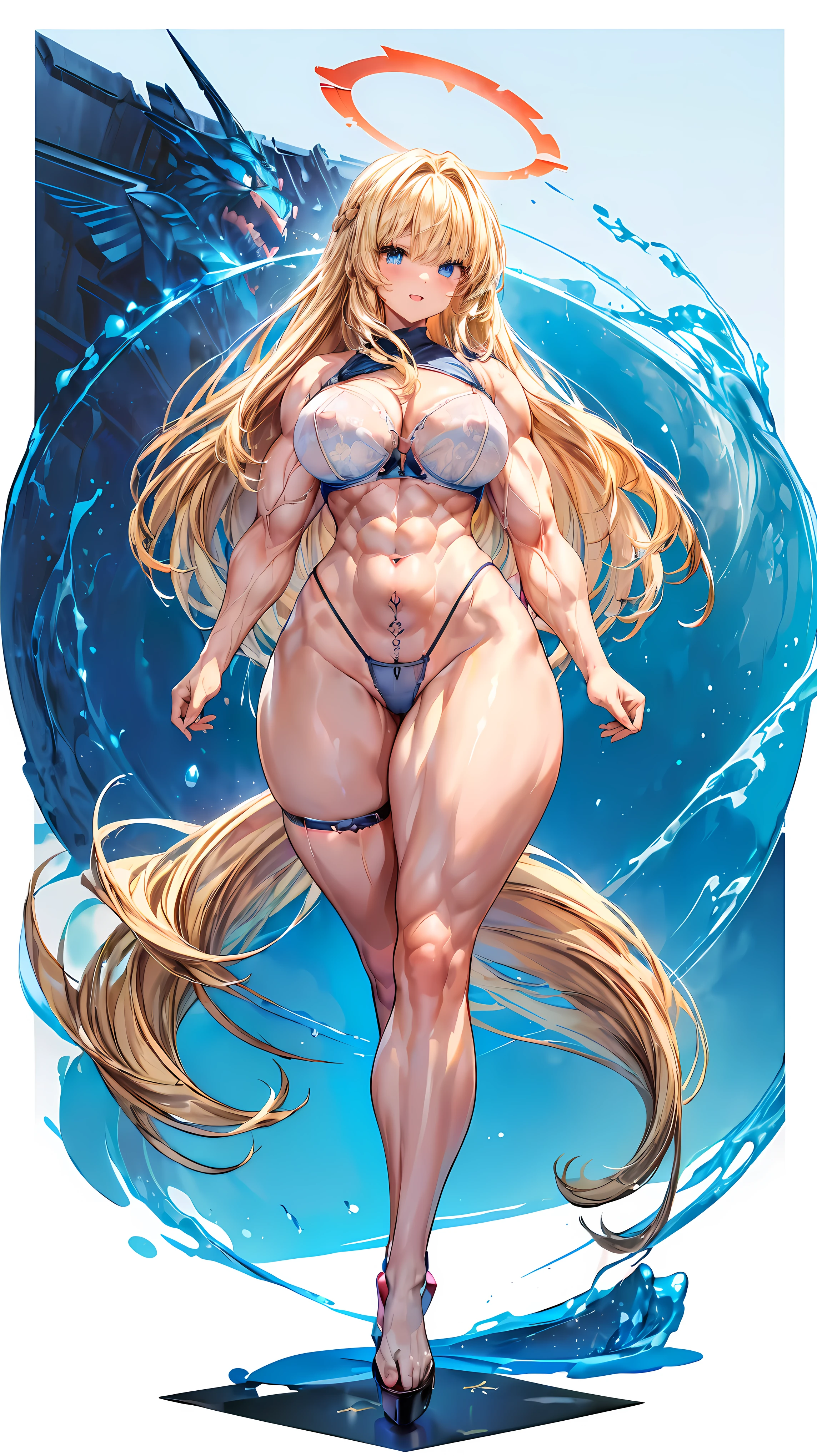 Very detailed、highest quality、Best image quality、masterpiece、8k、Anime Face、A kind smile、(Open your mouth:1.3)、Sparkling blue eyes、(Blonde semi-long hair:1.5)、(Muscles of the whole body:1.3)、(High leg panties:2.0)、Thigh belt、(Upper body photo:1.5)、(SFW Giant)、(Thick body:1.2)、(bra:1.5)