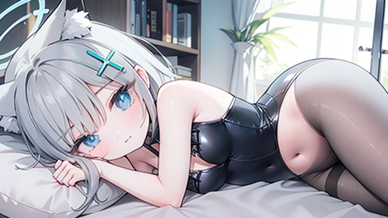 shiroko_bluearchive,beast ears,looking at viewer, little smile,slim, dizzy, big-chest, wide hips, perfect waist, day atmosphere, hair ornament,legwear,pantyhose,lying on bed