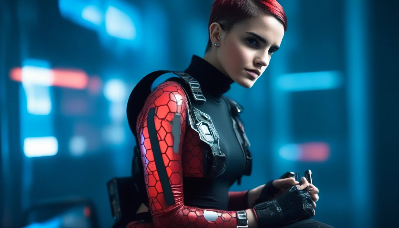 Two young female hackers sitting in a cyberpunk hackerspace with large windows in a cyberpunk metropolis facing the viewer, right arm resting on her waist, left arm held forward holding a cyberdeck with a transparent screen, short silverwhite undercut haircut, immaculate skin, thoughtful look on her face, sweat on her skin, full lips, small breasts, legs crossed, fullbody black and red skintight cyberpunk underarmor with intricate hexagon pattern, synthetic utility vest with attached wearable computer, black leather utility belt with multimeter and some probes attached, thigh high black latex boots, cutoff gloves, no makeup, natural fingernails, emma watson, edgFut_clothing, neons, electric circuits