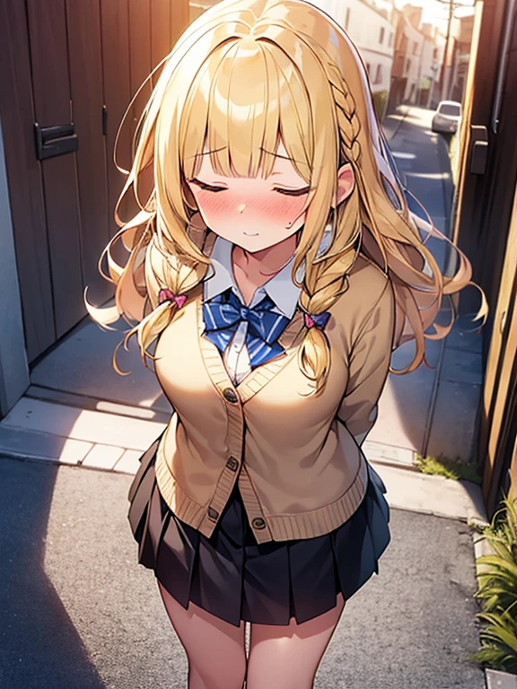 Masterpiece, Top quality, (1 beautiful girl), junior high school student, Blonde, Braided hair, Medium Hair, wavy Hair, blunt bangs, standard weight, cardigan, blouse, pleated skirt, nose blush , closed eyes, (looking upward):1.2, (arms behind back):1.3, sunset, beautiful scene of alley, cowboy shot, ((from above))