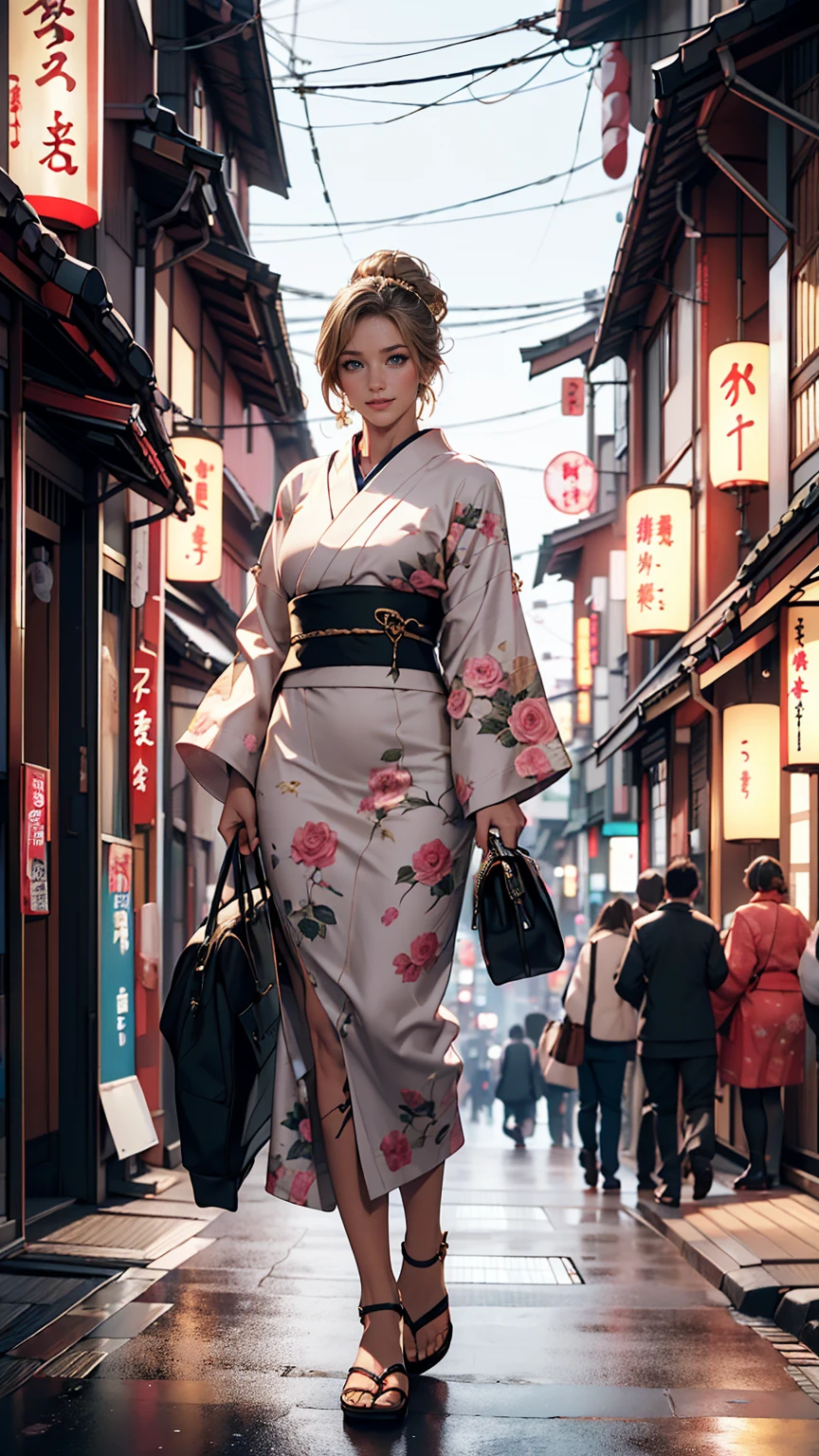 masterpiece, highest quality, 8k, Photographic reality, Realistic, Octane Rendering, Busy streets of Japan (1 female: 1.4), (There's only one woman on screen: 1.3), (White shirt), (Long golden hair), (Hip wrap skirt), (blue eyes) Upper body display、smile
