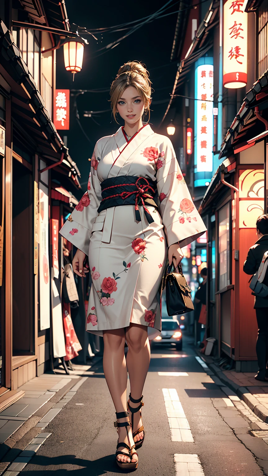 masterpiece, highest quality, 8k, Photographic reality, Realistic, Octane Rendering, Busy streets of Japan (1 female: 1.4), (There&#39;s only one woman on screen: 1.3), (White shirt), (Long golden hair), (Hip wrap skirt), (blue eyes) Upper body display、smile