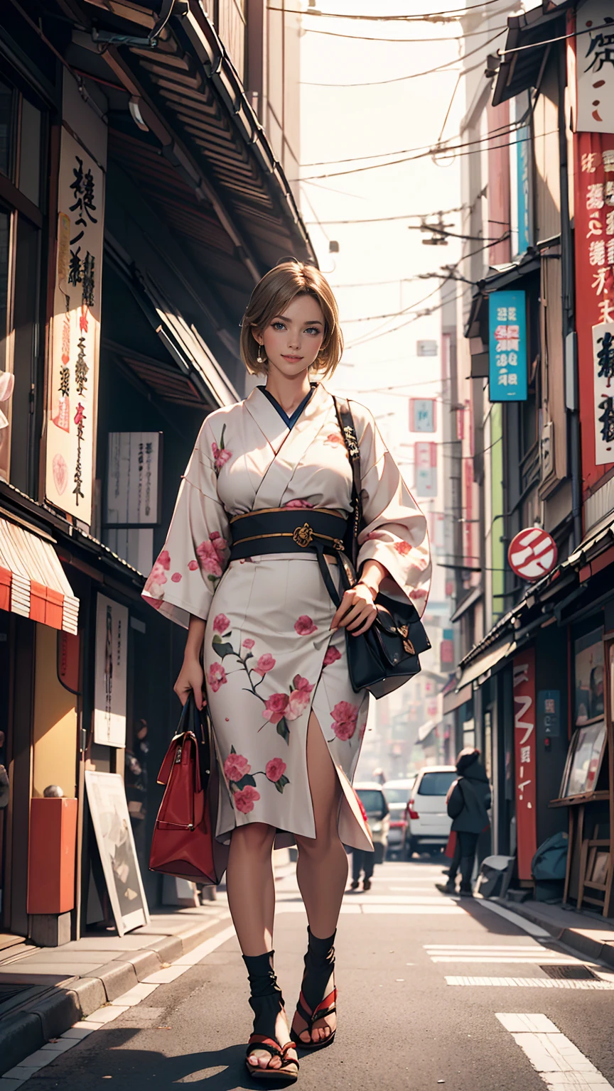 masterpiece, highest quality, 8k, Photographic reality, Realistic, Octane Rendering, Busy streets of Japan (1 female: 1.4), (There's only one woman on screen: 1.3), (White shirt), (Long golden hair), (Hip wrap skirt), (blue eyes) Upper body display、smile