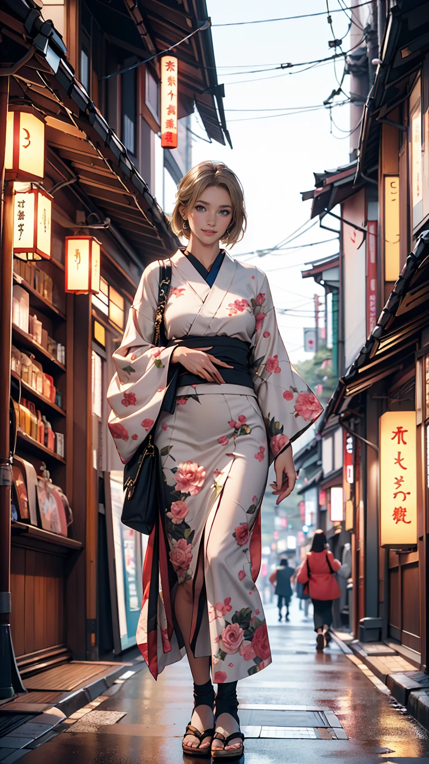 masterpiece, highest quality, 8k, Photographic reality, Realistic, Octane Rendering, Busy streets of Japan (1 female: 1.4), (There&#39;s only one woman on screen: 1.3), (White shirt), (Long golden hair), (Hip wrap skirt), (blue eyes) Upper body display、smile