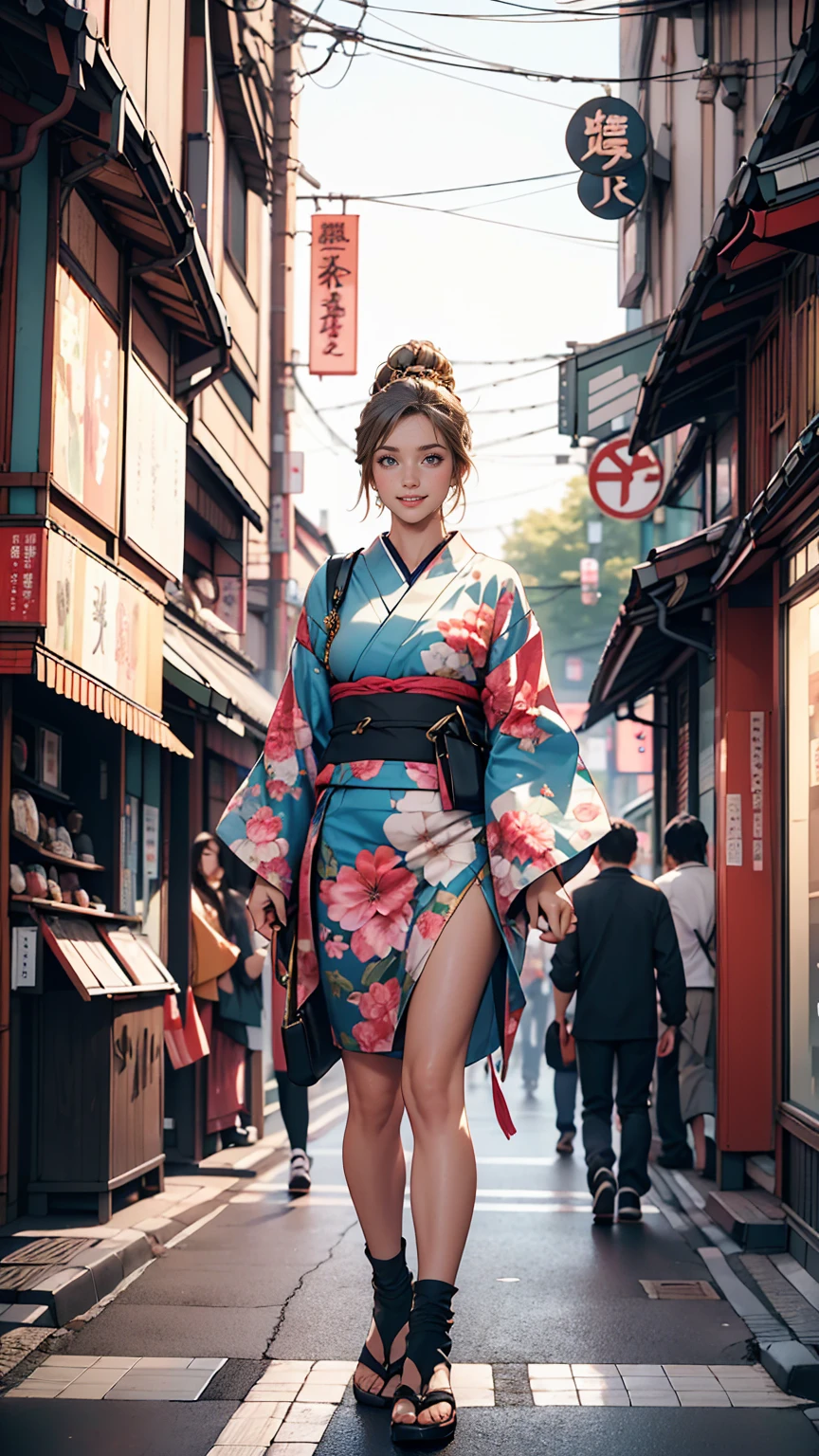 masterpiece, highest quality, 8k, Photographic reality, Realistic, Octane Rendering, Busy streets of Japan (1 female: 1.4), (There's only one woman on screen: 1.3), (White shirt), (Long golden hair), (Hip wrap skirt), (blue eyes) Upper body display、smile