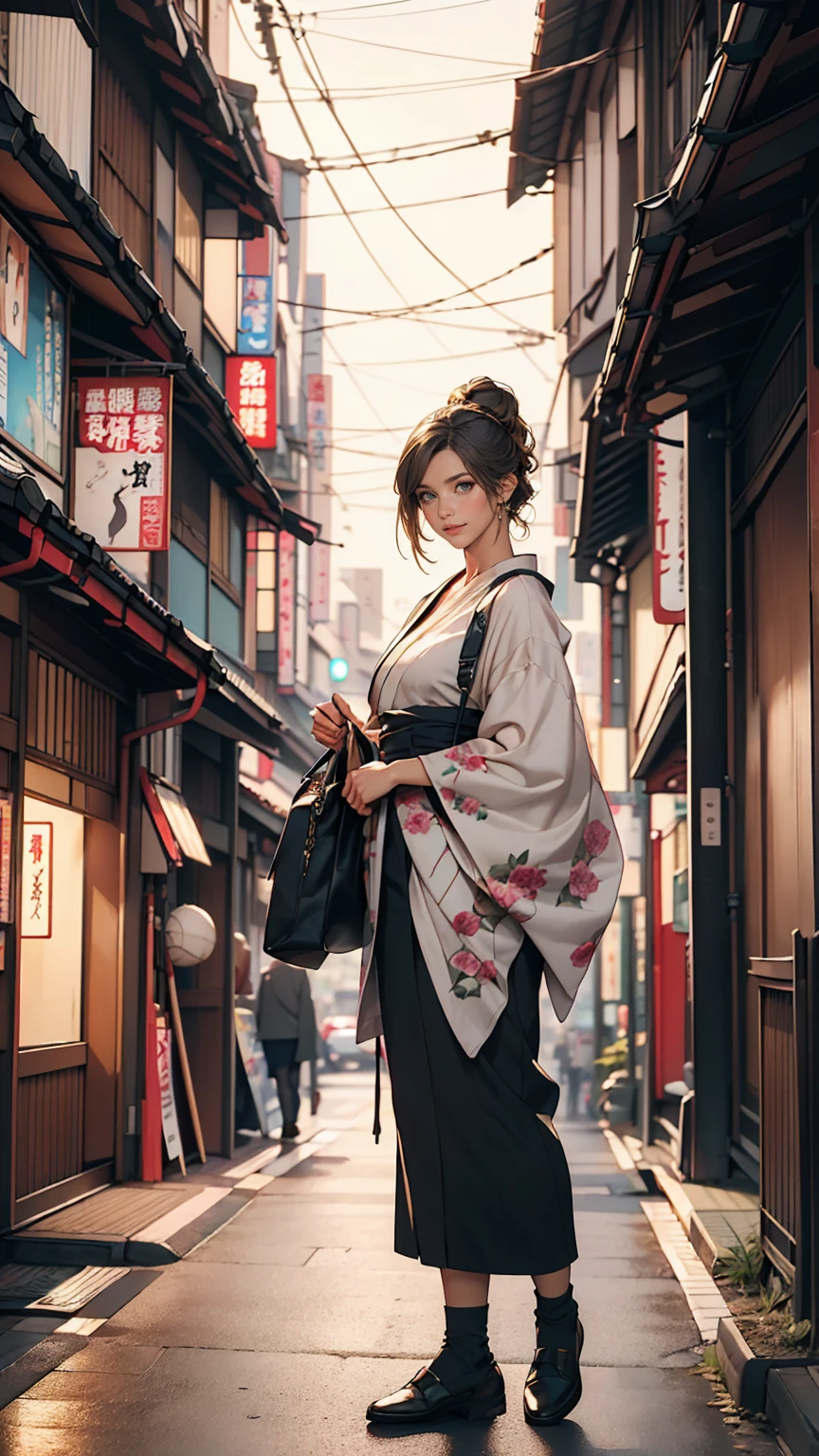 masterpiece, highest quality, 8k, Photographic reality, Realistic, Octane Rendering, Busy streets of Japan (1 female: 1.4), (There's only one woman on screen: 1.3), (White shirt), (Long golden hair), (Hip wrap skirt), (blue eyes) Upper body display、smile