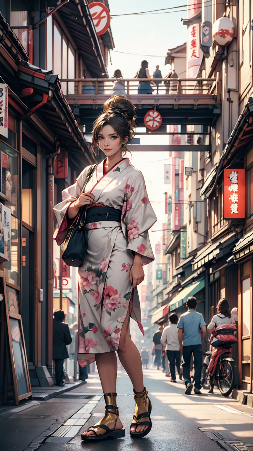masterpiece, highest quality, 8k, Photographic reality, Realistic, Octane Rendering, Busy streets of Japan (1 female: 1.4), (There&#39;s only one woman on screen: 1.3), (White shirt), (Long golden hair), (Hip wrap skirt), (blue eyes) Upper body display、smile