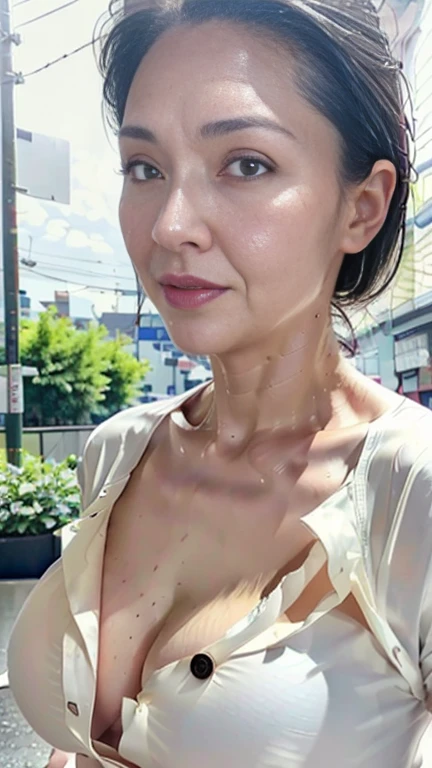 ((best quality, 8k, masterpiece :1.3)), Clear focus :1.2, Beautiful woman with perfect body :1.4, Slim abdominal muscles :1.2, ((Layered Hairstyle, Large Breasts :1.2)), (Wet White Button-Down Shirt :1.1), (rain, street:1.2), Wet :1.5, Highly detailed face and skin texture, Delicate eyes, double eyelids