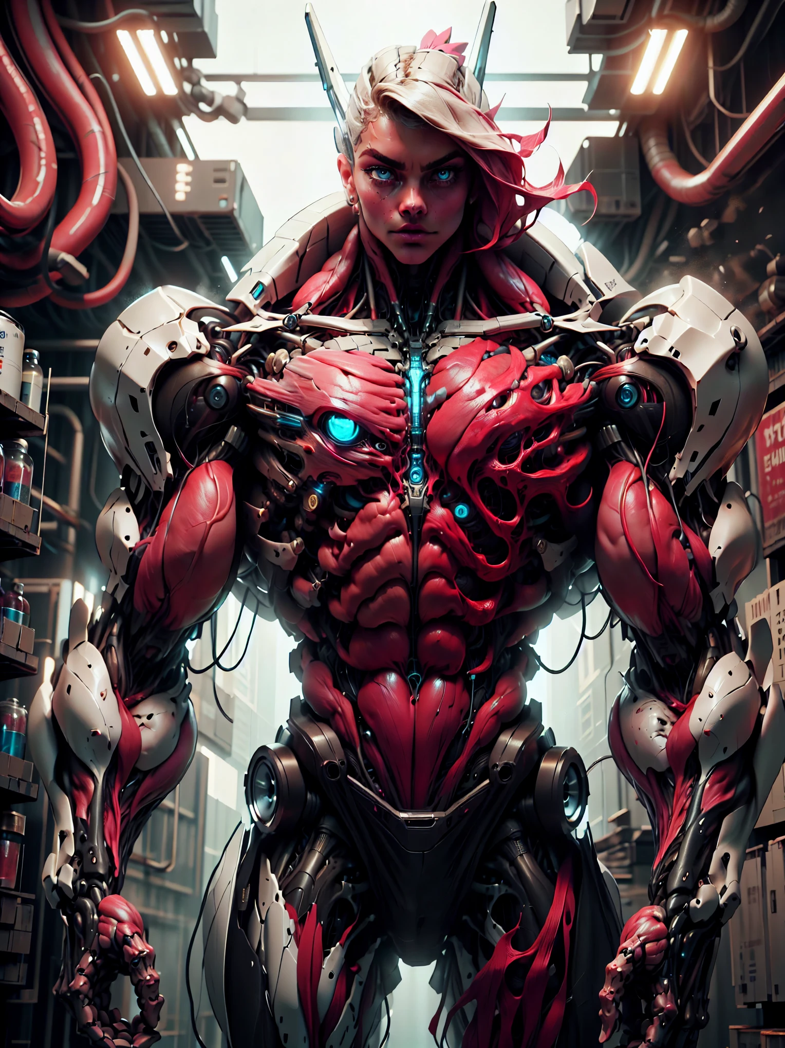 (1 girl), (cara delevingne), (muscular android girl wearing a black anatomic cybernetic muscle suit:1.25), (wide shoulders:1.25), (muscular defined physique:1.25), perfect hands, long hair, large breasts, high resolution image, extreme detail, blank background