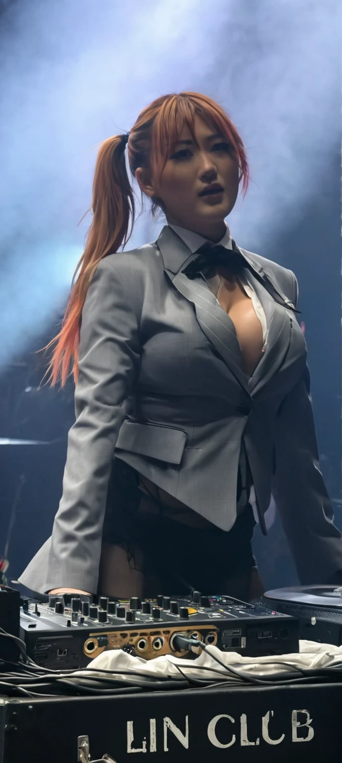 A woman in a suit and tie stands behind the DJ, Behind her is an atmosphere of terror, Revealing clothes, Concert clips, asuka underwear set!, cleveage, Touch her clothes, HD dirty photos, SFW Big , The cables on her body, revealing clothing, Breast coverage and SFW, Very sexy, Large Breasts!, Her breasts