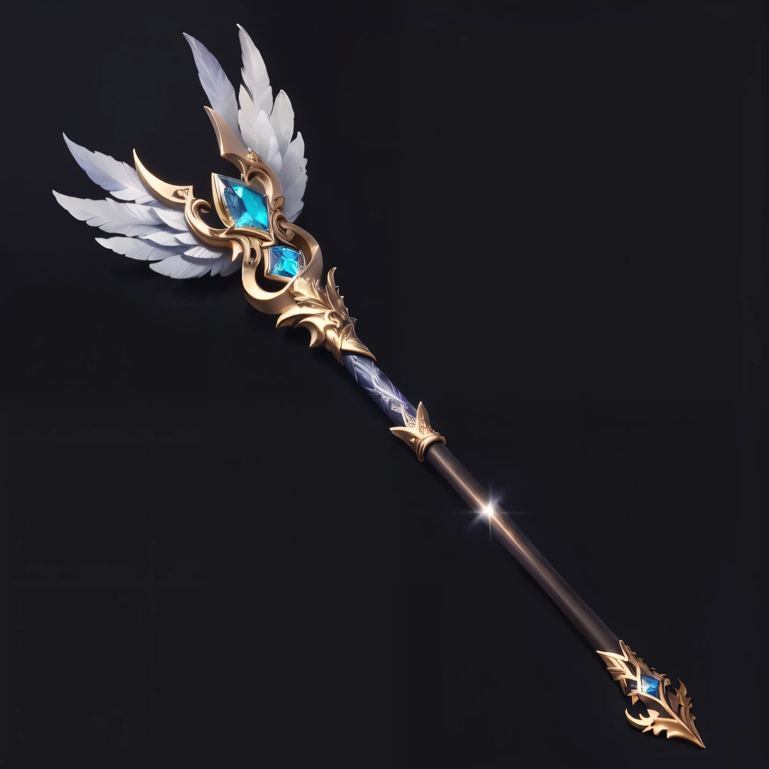 一把带有蓝宝石和wing的法杖特写,Crystal Gems，Foil stamping pattern，Dragon Staff，Medieval Staff，Gorgeous magic wand，Metal Material，wing，feather，Exquisite，Fluff，Diablo style，HD